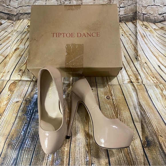 NEW Tip Toe Dance Slip On Nude Leather 5 1/2” Stiletto Platform Heels - Picture 1 of 5